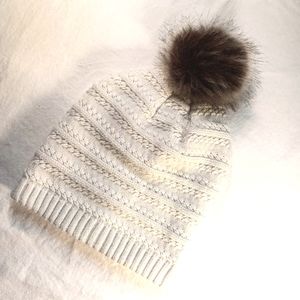 Hot Paws Winter Hat Cap Toque Knit Faux Fur Pom Pom Cream Brown Women's OS